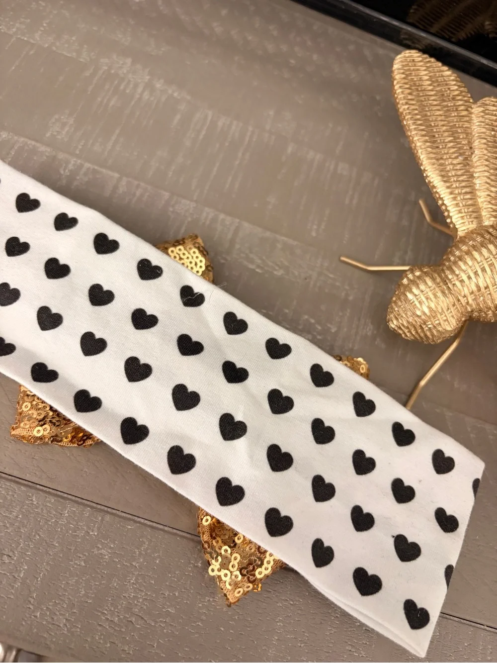 Gold Sequin Bow Headband with Heart Print Band